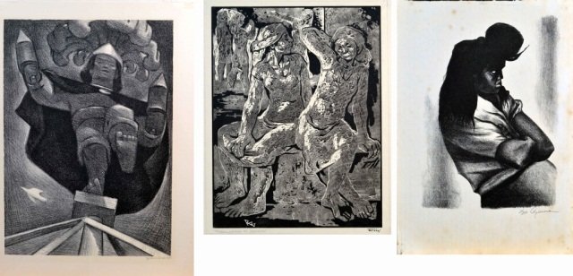 Three 20th Century Prints: Jean Charlot. El Volador. Lithograph, 1948. Signed in pencil (l.r.). Image size 14 x 9 7/8 inches. Unframed. Brione. Traballoras No Descanso. Woodcut. Signed in pen (l.r.), and monogrammed in plate (l