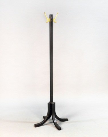 Metal Standing Coat Rack: Patinated metal, square column, with brass coat hooks, quatripartite base. Height 69 inches. Provenance: Historical Materialism, Hudson New York