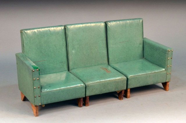 Child's Sectional: Circa 1950, three green simulated leather seats, on wood bracket feet. Height 21 1/2 inches, overall length 47 inches, depth 18 inches. Provenance: Historical Materialism, Hudson, New York