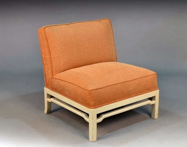 Chinoiserie Slipper Chair: White painted chair with tan upholstery. Height 33 inches, width 31 inches, depth 36 inches. Provenance: Historical Materialism, Hudson New York