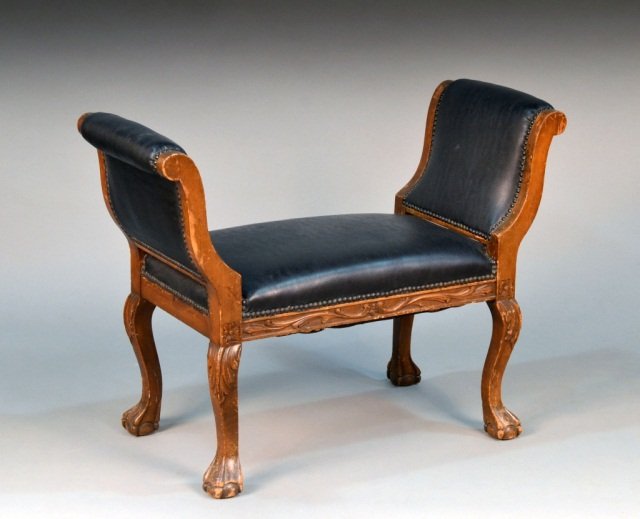Queen Anne Style Leather Window Bench: Black leather upholstered seat flanked by outscrolled arms, cabriole legs. Height 26 inches, width 36 inches, depth 15 inches.