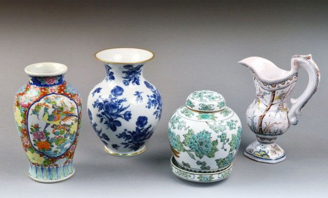 Miscellaneous Group of Porcelain Decorations: Comprising a pitcher, two vases, and a covered ginger jar. Pitcher, height 10 1/2 inches.