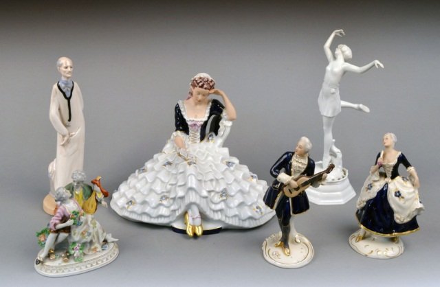 Six Porcelain Figures: Including Royal Dux, Rosenthal, etc. Tallest, height 13 inches.