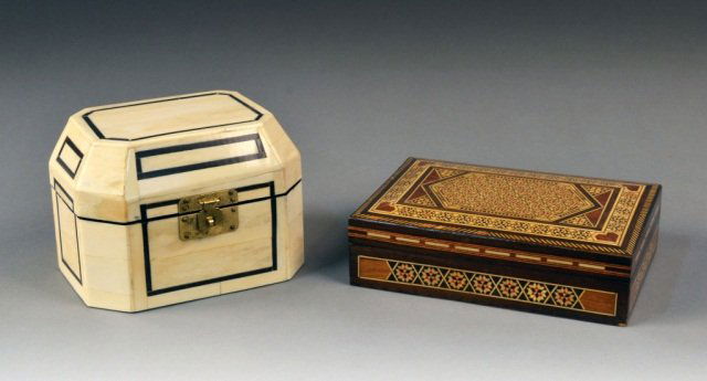 Two Decorative Boxes: One Syrian box and a bone box. Both with inlaid geometric decoration. Syrian box, height 2 inches, width 7 1/4 inches, depth 5 inches; bone box, height 4 1/2, width 6 inches, depth 4 1/2 inches.