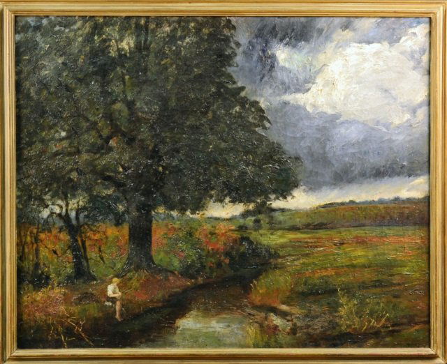 Stokes (British School): Landscape with Boy Fishing. Oil on canvas. Signed illegibly and dated 1922 (l.r.). 34 x 43 inches. Framed.