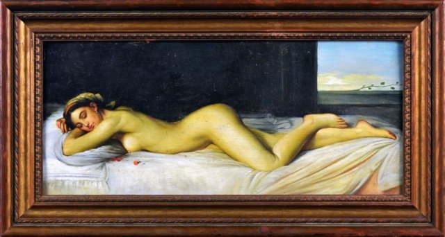 Continental School (20th Century): Reclining nude. Oil on copper. 7 7/8 x 18 inches. Framed.
