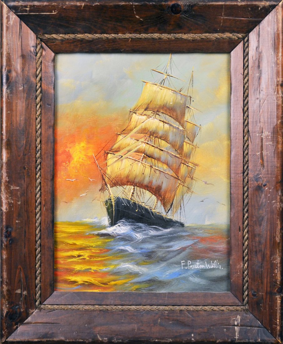 F. Preston Willis Tall Ship at Sunset: Oil on canvas, signed l.r. 16 x 12 inches.