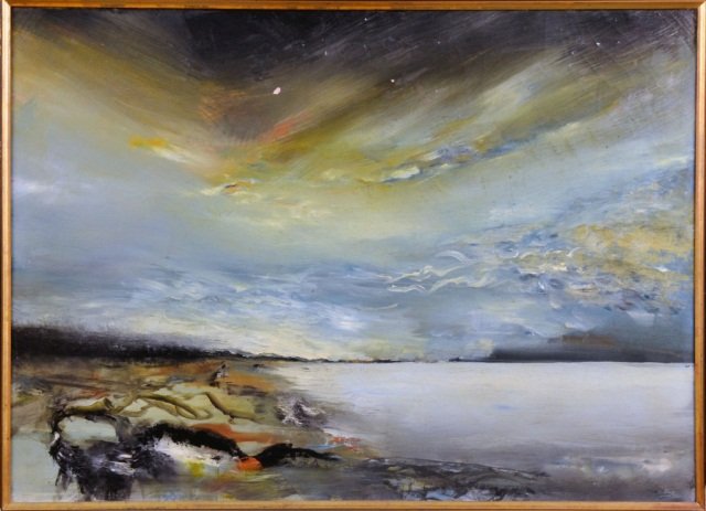 Koen Okada (Japanese, b. 1919): Lake at Dawn. Oil on canvas, 1970. 25 3/4 x 35 3/3 inches. Ex coll. Sidney Rothman Gallery.