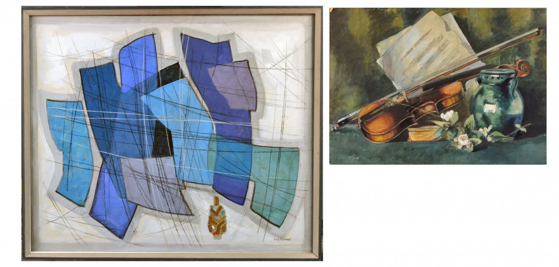 Carl William Broemel (1891 - 1984): Pair of works. Abstract. Gouache on board. Signed (l.r.). Sight size 27 1/8 x 23 1/8 inches. Framed. (2) Still life with violin and vase. Gouache on board. Signed (l.r.). 18 1/2 x 25 1/2 inches. Unfra