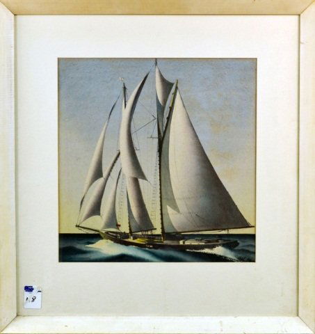 Sandor Bernath (Hungarian/American 1892 - 1984): Sailboat. Watercolor on paper mounted on board. Signed (l.l.). Sight size 17 7/8 x 17 3/8 inches. Matted and framed.