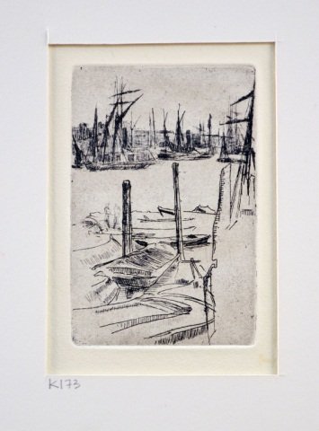 James Abbott McNeill Whistler (American 1834-1903): The Tiny Pool (Kennedy 173). Etching, 1960s restrike, on wove paper. 3 3/4 x 2 1/2 inches.