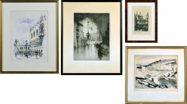 Collection of Four European Scenes: Three etchings and a print, each framed. Edward Cheney. St. Pauls Cathedral, London. Engraving on paper. Signed in pencil (l.l.). Plate size 5 3/4 x 3 5/8 inches. Italian bridge scene. Drypoint and aq