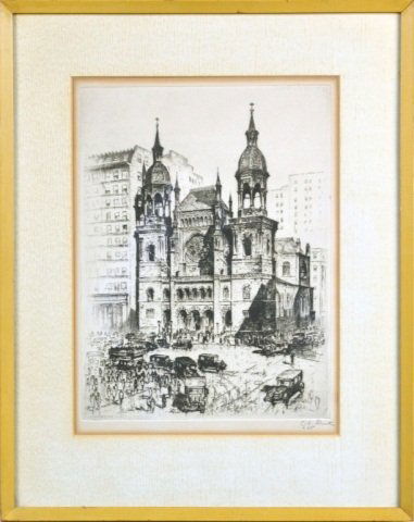 Anton Schutz (American/German, 1894-1977): Temple Emanu-El. Drypoint and etching on paper, 1926. Signed in pencil (l.r.). Signed and dated in plate (l.l.). Plate size 11 3/4 x 8 3/4 inches.