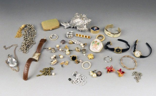 Miscellaneous Group of Jewelry: Including a silver plated sea shell, assorted costume jewelry, necklaces, watches, etc.