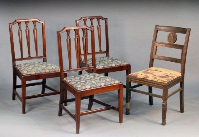 Set of Three Mahogany Side Chairs: Each with incut corner crest rail, three vertical splats, trapezoidal slip seat and square tapered legs; together with another similar side chair. Set, height 36 inches, width 20 inches, depth18 inche