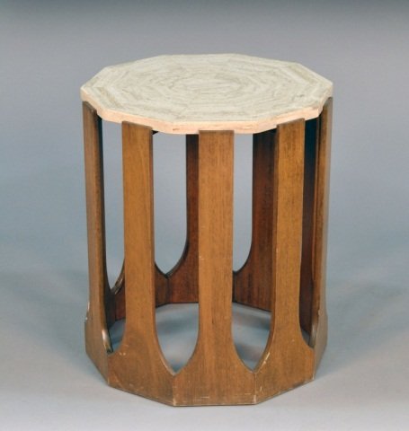 Mid Century Travertine Marble Top Lamp Table: Decagonal top on a conforming base with upright supports. Height 24 3/4 inches, width 20 3/4 inches, depth 20 3/4 inches.