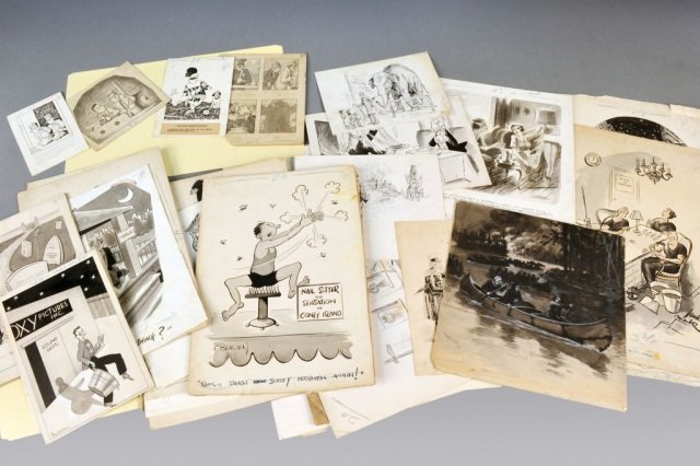 Group of Original Cartoon Art (19th-20th Century): Group of 52 original cartoon works by Colin Allen, Leon Barritt, Frank Beaven, Bergstrom, Frank Calvert, Gregory D'Alessio, J. Easley, Samuel Ehrhart, L.M. Glackens, Syd B. Griffin, Ralph Hershberger,