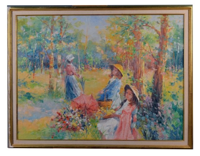 R. Norman (American School, 20th Century): Picnic In The Woods. Oil on canvas. Signed (l.r.). 36 x 48 inches. Framed.