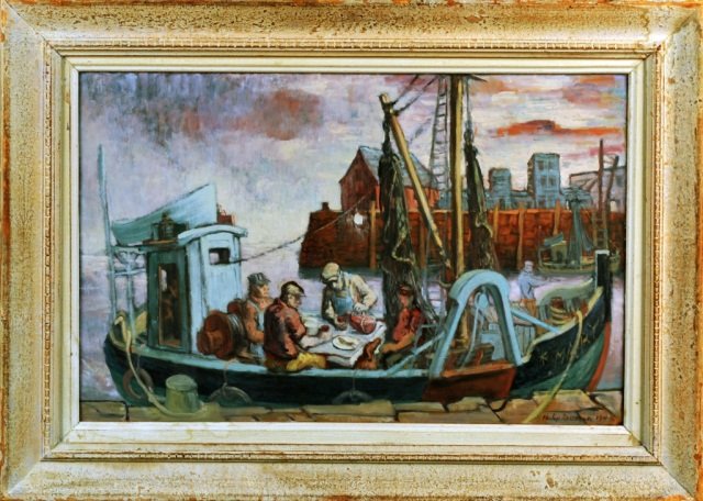 Philip Reisman (American, 1904-1992): Lunch on a boat. Oil on board, 1948. Signed and dated (l.r.). 17 3/4 x 28 inches. Framed.