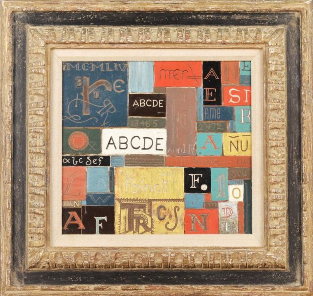 Pierre Bourdelle (American, 1901–1966): Composition with Letters. Cut linoleum mixed media. Sight size 11 1/4 x 13 inches.