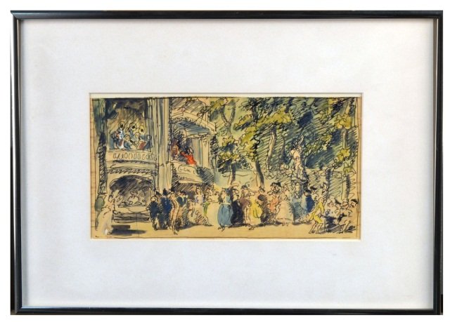 Edward Sorel (American, b. 1929): Sketch after Rowlandson. Watercolor, pen and ink. Sight size 5 5/8 x 10 3/4 inches. Framed. Ex-collection: Robert C. Graham, Sr., by descent.