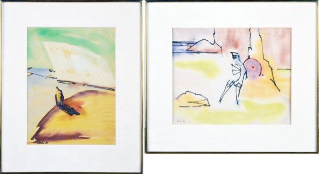 Two Works by Peter Williams (Irish, 1919-1994): Two color works by Peter Sheldon Williams (pseudonym A. Oscar). (1) El Cid on Beach at Peniscola. Gouache on tinted paper, 1964. Signed in gouache (l.l.), dated (l.l.). Sight size 11 3/8 x 8 1/2 inche