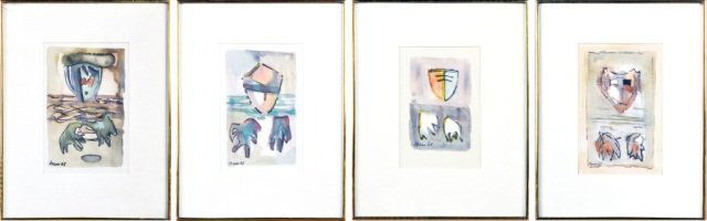 Four Works by Peter Williams (Irish, 1919-1994): El Cid In Water no. 1, 2, 3, and 4. All gouache on paper on card, 1965. All signed in gouache (l.l.), and dated (l.l.). Sight size all 8 x 5 inches. All framed. Ex-collection: Robert C. Graham, Sr., b