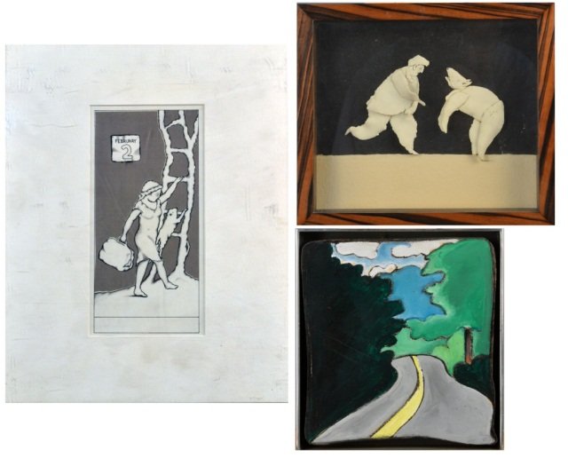 Three Works of Art: A group of three works of art comprising two pieces by Alexa Grace, "Persephone Rising", 1978, ink and wash from the Village Voice, Feb. 6, 1978 and mixed media collage, a painting acrylic painting by