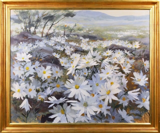Robert W. Daley (American, 1922): Landscape with Daisies, '81. Oil on canvas. Signed (l.l.), dated (l.l.). 40 x 48 inches. Framed.