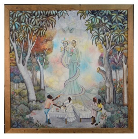 Caribbean School (20th Century): Pastoral scene. Acrylic on canvas. Signed (l. l.). 47 3/4 x 47 3/4 inches. Framed.