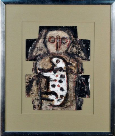 Michel Nedjar (French b. 1947): Figure and white animal. Mixed media on flattened box. 15 3/4 x 12 inches. Framed.
