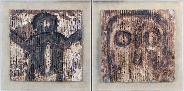 Michel Nedjar (French b. 1947): Pair of abstract works on cardboard. (1) Abstract figure. Mixed media on corrugated cardboard, 1998. Signed and dated in pencil (l.r.). 10 1/2 x 10 1/2 inches. Framed; (2) Abstract face. Mixed media o
