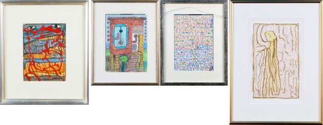 Three Abstract Works: (1) American School, 20th Century. Mixed media, red acrylic over conté crayon. Sight size 9 x 6 3/4 inches. Framed; (2) American School, 20th Century. Red, brown and yellow abstract. Pen on paper. Sh