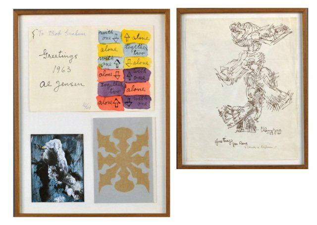 Group of Works by Chaim Gross and Alfred Jensen: Two works by Chaim Gross (Austrian, 1904-1991) and Alfred Jensen (American, 1903-1981). Greetings from Rome. Reproduction on paper, 1959. Signed in pen (l.r.), dated (l.r.), signed in reproduction (l.