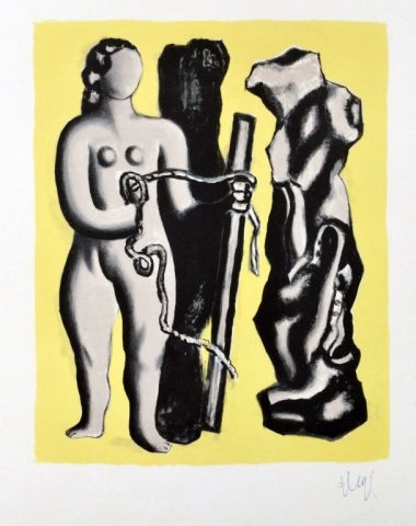 Fernand Léger (French, 1881-1955): Femme sur fond jaune (Saphire 118). Color lithograph, 1952, on Arches paper. Edition of 150 published by Mourlot, Paris. Signed in ink (l.r.). 16 1/2x13 1/8 inches with full margins.