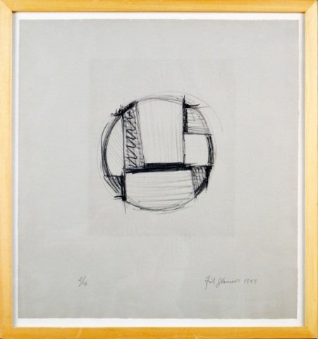 Fritz Glarner (Swiss, 1899-1972): Gray Tondo. Lithograph, 1959. Signed in pencil (l.r.), dated in pencil (l.r.), numbered 2/14 (l.l.). Sheet size 20 x 18 3/4 inches. Framed.