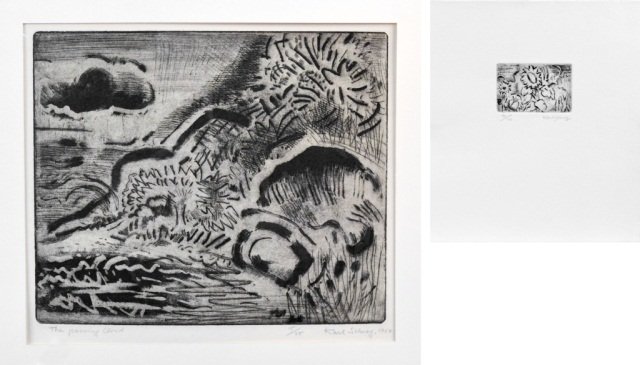 Karl Schrag (American, 1912-1995): Two etchings. (1) The Passing Cloud. Etching, aquatint and drypoint. Signed, dated, numbered 15/35 in pencil (l.r.) and titled in pencil (l.l.). Plate size 12 x 10 inches. (2) Sunflower. Etching with 