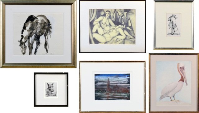 Assorted Group of Six Works of Art: (1) Dog and Crab, print; (2) Little John, print, signed (l.r.); (3) Reclining Nude Females, print; (4) Horse, watercolor, signed illegibly; (5) Pellican '80, print; (6) City View, oil pastel, signed i