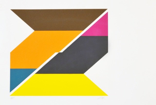 Larry Zox (American, 1936-2006): Orange, brown, blue abstract. Serigraph on wove paper bearing RIVES watermark. Signed in pencil (l.r.), designated artist's proof in pencil (l.l.). Sheet size 21 3/4 x 29 3/4 inches.