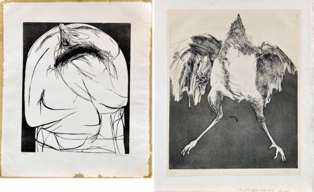 Two Works By Leonard Baskin (American, 1922-2000): Two prints by Leonard Baskin. The Cry. Woodcut on paper, 1960. Signed in pencil (l.r.), numbered (l.l.). Sheet size 20 1/2 x 17 1/4 inches. Bird. Etching with aquatint on paper. Signed in pencil (l.r.