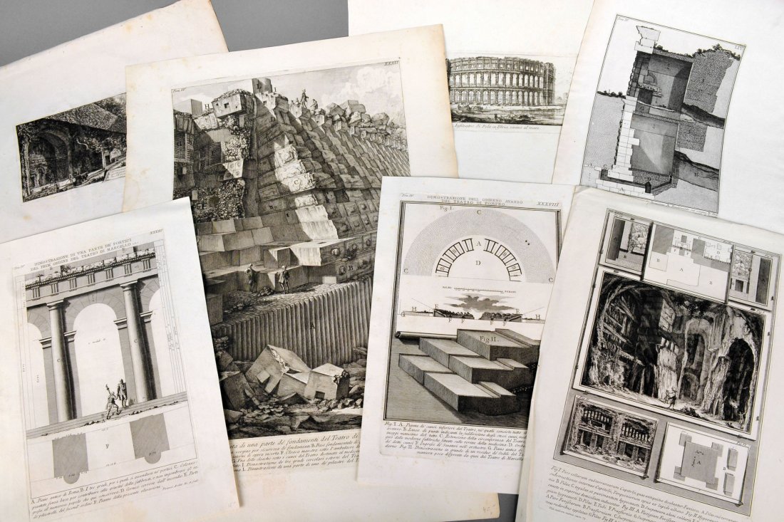 Le Antichità Romane Seven Etchings: Giovanni Battista Piranesi (Italian, 1720-1778). (1) Pars Cellarum Subterranearum Capitolii, Tab. XXVI, (Hind 85). Plate size 18 1/2 x 11 1/2 inches; (2) Sezione del serraglio delle fiere fabbricato d