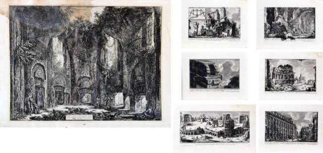 Seven Etchings by Giovanni Battista Piranesi: Giovanni Battista Piranesi (Italian, 1720 - 1778). (1-6) Six plates from "Le Antichità Romane", including plate XXVI "Avanzo del primo Castello di una parte dell'Acqua Giulia (Remains of the first fo