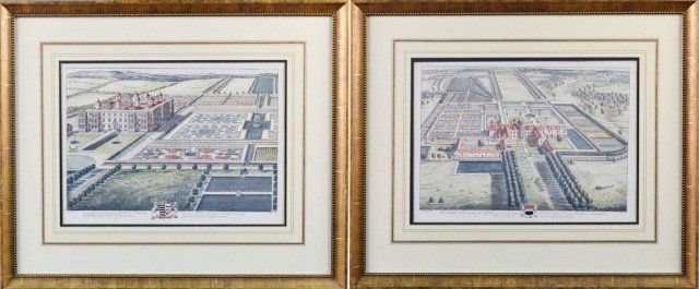 Leonard Knuff (British School, 19th century): Pair of hand colored engravings. Estate Scenes. Both engraved by I. Kip. Both, sight size 14 1/2 x 19 1/2 inches. Framed.