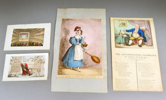 Attributed to Thomas Rowlandson (British): Four etchings attributed to Thomas Rowlandson (British, 1756-1827). All hand-colored etchings on paper, c. early 19th century. Comprised of two signed in plate (l.l.), two unsigned. Largest at 18 1/2 