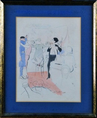 Carl Oscar August Erickson (American, 1891-1958): Bar Scene. Hand colored print. Signed in plate (l.r.). Sight size 17 x 13 inches. Framed.