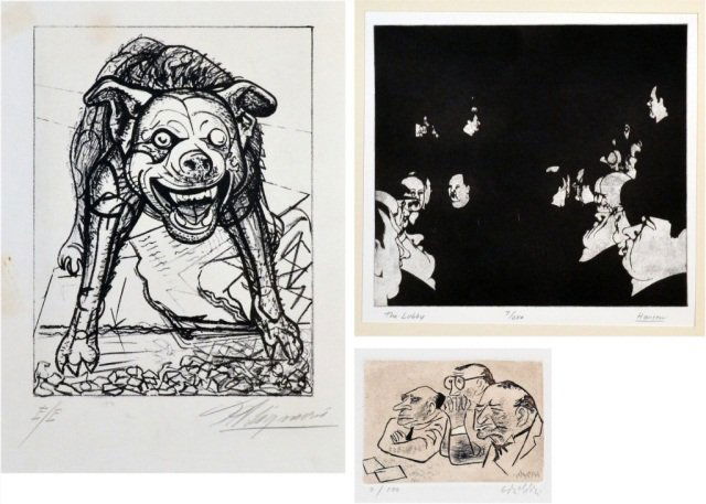 Three Prints, American School (20th Century): (1) William Gropper (American, 1897-1977). Etching and aquatint. Signed in pencil and in plate (l.r.), numbered 3/100 in pencil (l.l.). Plate size 3 7/8 x 5 3/4 inches. (2) Art Hansen (American). The