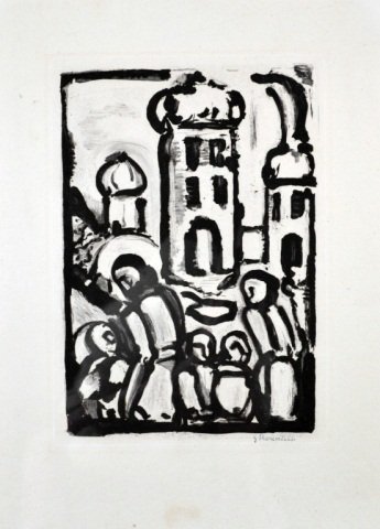 Georges Henri Rouault (French, 1871-1958): Christ among the poor (Chapon/Rouault 258). Aquatint on laid paper with watermark, created in 1935. One of edition of forty black and white images. Signed in ink (l.r.). Signed and dated in plate (l.l
