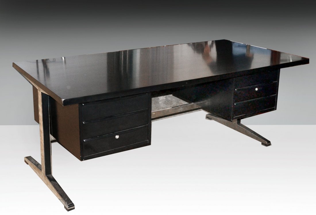 Mid Century Modern Style Desk: Late 20th century, rectangular top, chrome and ebonized wood. Height 30 inches, width 6 feet 6 3/4 inches, depth 39 1/2 inches.