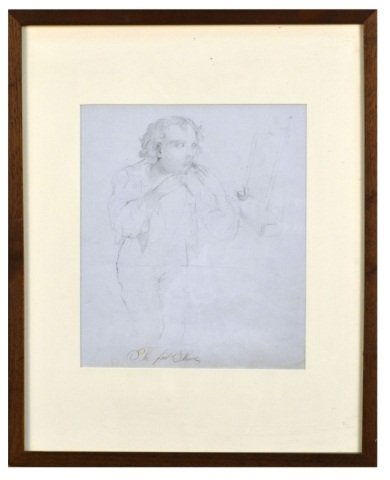 Lilly Martin Spencer (American, 1822-1902): First Shave. Pencil on paper. Titled (l.m.). Sight size 12 1/8 x 10 1/4 inches. Framed. Provenance: Estate of Michael "Mendy" Wager.