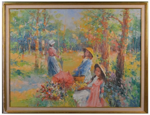 R. Norman (20th c. American School): Picnic in the Woods. Oil on canvas, signed l.r. 36 x 48 inches.